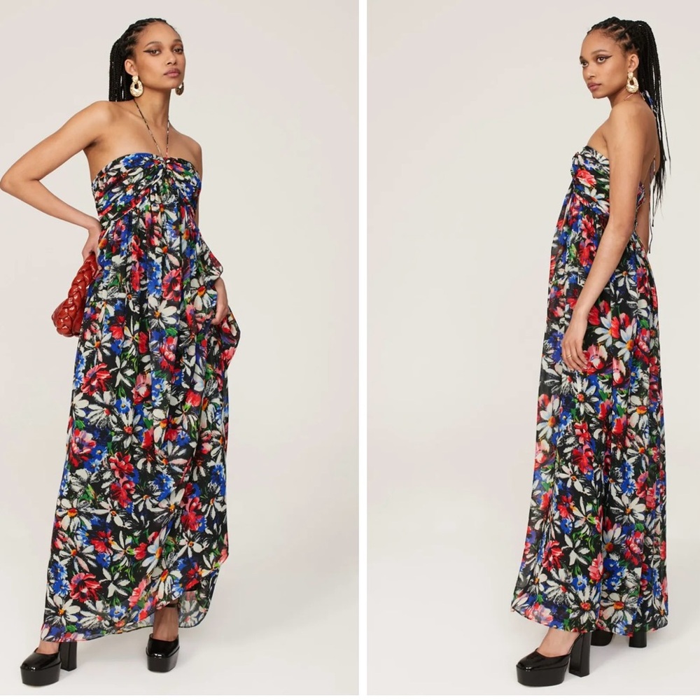 Ronny Kobo‎ Avril Maxi Small Black Red Blue chiffon lined halter EUC